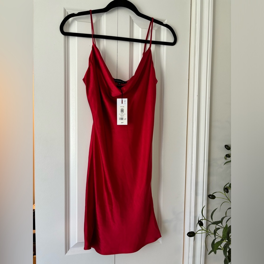 Red Satin Slip Dress with Cowl Neck